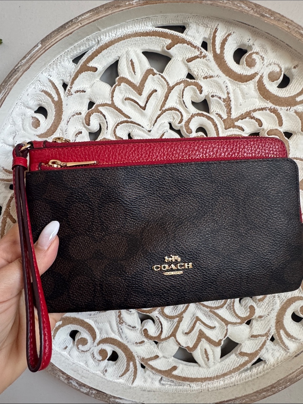 Coach Two-Tone Wristlet in Black/Brown and Red